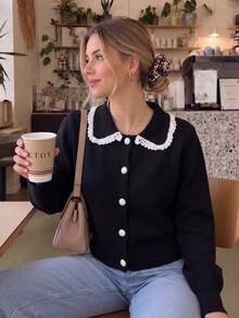 Women's Red Ruffle Peter Pan Collar Ribbed Short Knit Cardigan, Autumn French Style Casual Long Sleeve Top - Black - View 1
