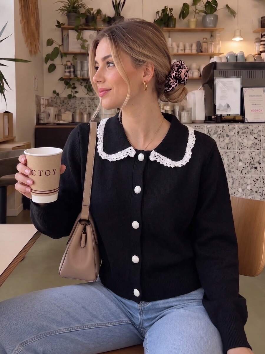 Women's Red Ruffle Peter Pan Collar Ribbed Short Knit Cardigan, Autumn French Style Casual Long Sleeve Top - Black - View 1