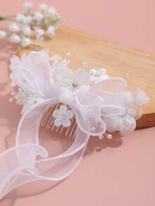 1pc Lace Embroidered Flower Bow Decor Sweet Tassel Hair Comb, Suitable For Bridal Wedding, Daily Wear, Party And Festival Women's Hair Accessory - White - View 5