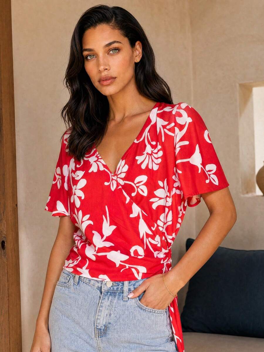 Dancing Leopard Red Floral Wrap Fluted Sleeve Blouse, Holiday/Vacation Wear - Red - View 1