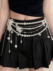 1pc Women's Multi-Layer Acrylic Faux Pearl Waist Chain, 3D Flower Tassel Belly Chain, Adjustable Y2K Style Body Accessory, Suitable For Beach Vacation - Multicolor - View 5