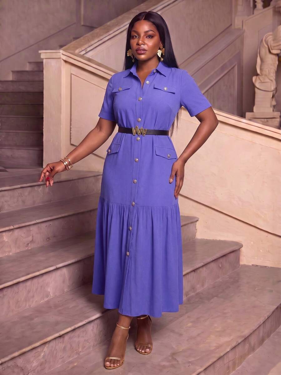 Women's Mid-Length Dress, Elegant Casual Vacation Elegant Party Date Office Commute Short Sleeve Belt Decor Ruched Large A-Line Hem Mid-Length Dress - Blue - View 1