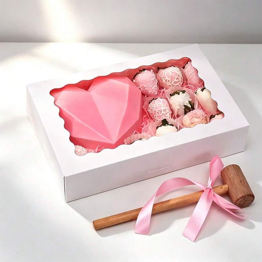 Auto Pop-Up White Bakery Box With Wave Window, Paper Gift Box For Strawberry Chocolate, Cake, Dessert Packaging - View 1
