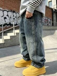 Boys' Loose Fit Denim Jeans, Suitable For Everyday, School, Outdoor & Casual Wear, Autumn - Blue - View 6