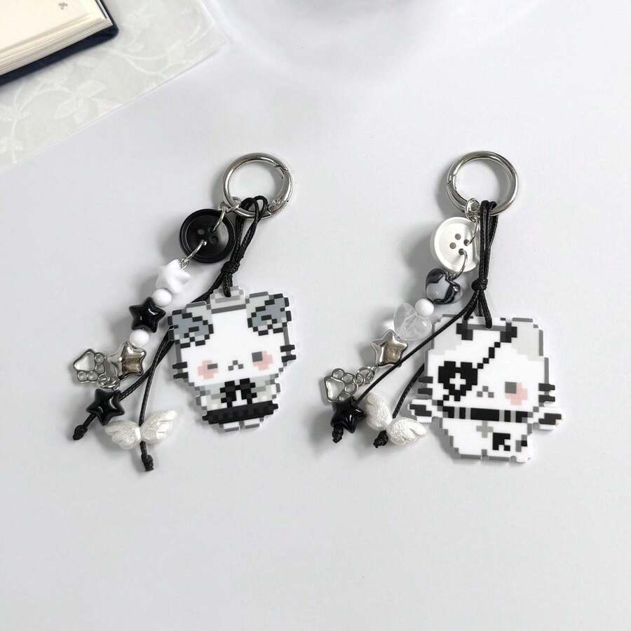 1pc Cute Cat Dark Kitten Angel Kitten Pixel Style DIY Accessory Bag Charm Cartoon Keychain Set - Multicolor - View 1
