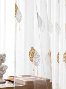 1PC Rod Pocket Gold & White Leaf Embroidered Sheer Curtain, Luxury Leaf Pattern, Soft Light Diffusing White Floor-Length Sheer Curtain For Cozy Wooden Kids Room - Multicolor - View 6