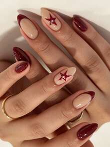 24pcs Almond Shaped Nude Wine Red French Style Nail Tips With Red Five Pointed Star Rhinestone Pattern Glossy Nail Stickers Retro Millennium Style Fake Nails That Elongate Hand Shape No Need Nail Stickers Self Adhesive Autumn And Winter Collection - Multicolor - View 3