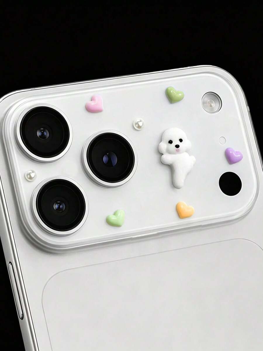 可愛 3D 熊飾水鑽珍珠防刮耐磨透明底座相機鏡頭保護膜,相容 iPhone 17ProMax 17Pro,相機配件,耐用透明保護層鏡頭蓋 - 白色小狗 - 查看 1