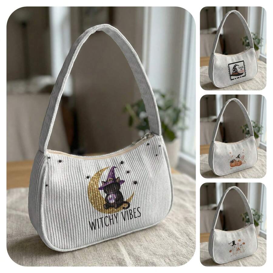1pc Halloween Magic Kitten Print Corduroy Shoulder Bag, Underarm Bag, Large Capacity Storage, Zip Closure Y2K Baguette Handbag For Daily Travel Gift - Multicolor - View 1