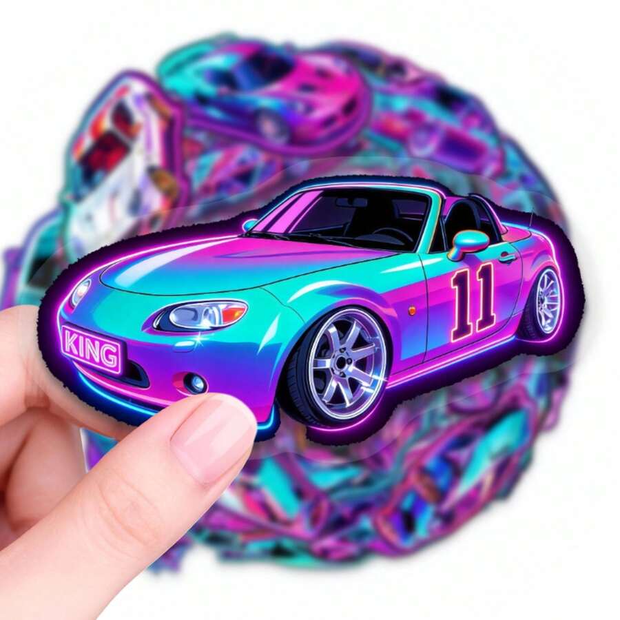 50pcs Neon Cyber Racing Car PET Stickers, Suitable For Laptop, Water Bottle, Luggage, Helmet, Notebook And Other DIY Creative Toys - Multicolor - View 1