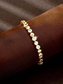 1pc Soft Elegant Continuous Round Zirconia Tennis Bracelet, Glossy Gold Plated Wrist Accessory For Date, Evening Party And Formal Occasions - Gold - View 1