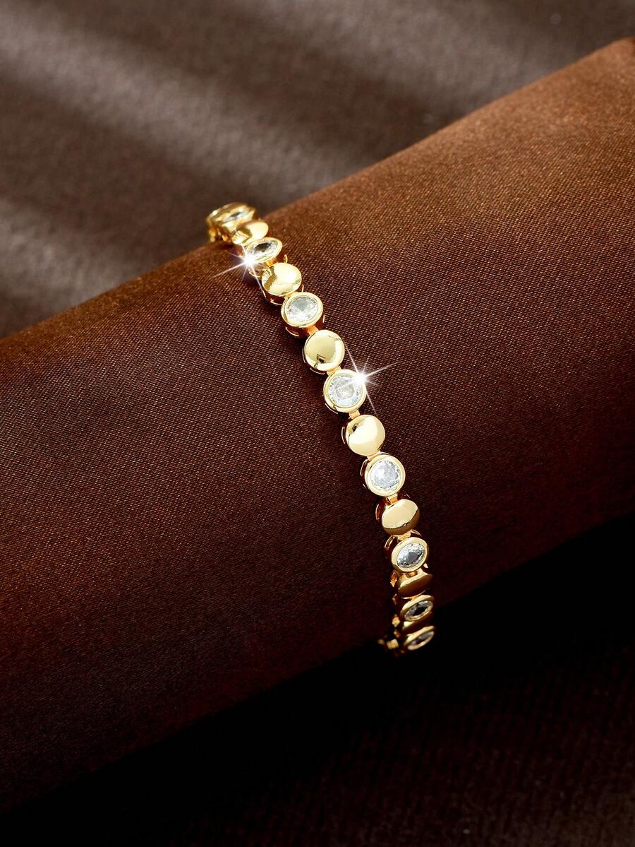 1pc Soft Elegant Continuous Round Zirconia Tennis Bracelet, Glossy Gold Plated Wrist Accessory For Date, Evening Party And Formal Occasions - Gold - View 1