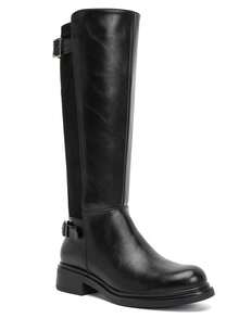 Round Toe Knee High Riding Boots For Women Double Buckle Side Zip Comfortable Low Block Heel Long Boots - Black - View 2