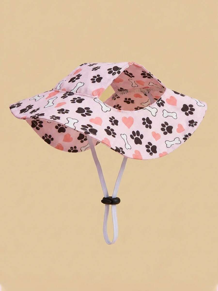 1pc Cute Nude Color Dog Paw & Bone Pattern Polyester "Happy Dog" Windproof Sun Hat, Ear-Exposed Design, Pet Cat & Dog Supplies, Anti-Shedding, Adjustable, Suitable For Small Dogs Year-Round Outdoor Wear