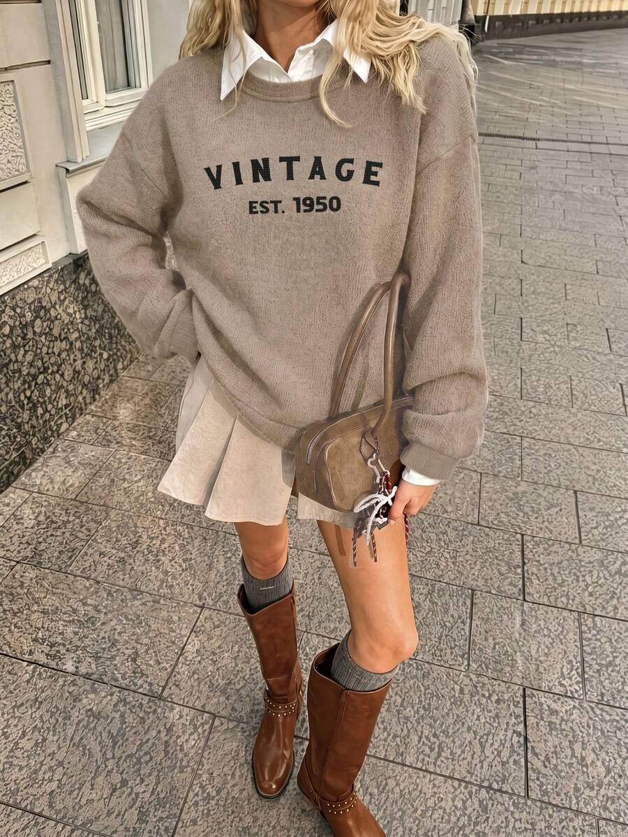 Plus Size Women's Autumn/Winter Social Classic Vintage Letter Print Round Neck Long Sleeve Casual Khaki Top, Fall Clothes Plus Size, Plus Size Women Clothes, Fall Outfit For Women, Plus Size Fall Outfits - Ash - View 1