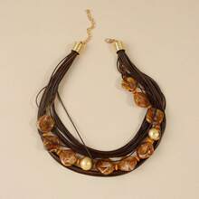 1pc Women's Boho Vintage Brown Multi Strand Cord Resin Beaded Statement Necklace, Chunky Layered Geometric Jewelry For Fall Winter Daily & Vacation - Brown - View 6