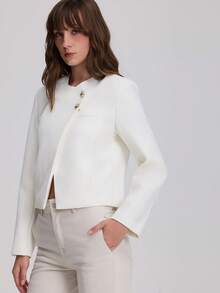 Women's Long Sleeve Round Neck Double-Breasted Blazer - White - View 7