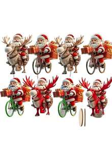 8pcs 2D Flat Santa Claus Hanging Decorations, Santa Riding Reindeer Design, Waterproof And Shatterproof, Christmas Tree Wreath Fireplace Window Decor, Winter Holiday New Year Party Ornament, Christmas Gift - Multicolor - View 7