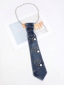 1PC Fashion Unisex Denim Style Faux Pearl Heart Decor No-Tie Denim Necktie Suitable For Daily Wear, Shopping, Campus, Party - Blue - View 6