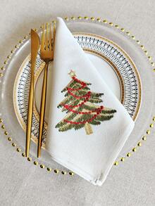 ABEST6522 Home&Living store 1pc/2pcs/4pcs Christmas Tree Embroidered Napkins, White Linen Look Fabric Napkins, Holiday Table Decor For Christmas Party & Family Dinner - Multicolor - View 3