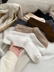 5 Pairs Random Style Women's Winter Solid Color Vertical Striped Socks, Warm Soft Elastic, Simple Casual, Suitable For Home And Outdoor Daily Wear - Multicolor - View 1
