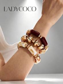 LADYCOCO 3pcs Vintage Multi-Layer Brown Acrylic Beaded Bracelet, Deformed Gold Stone Bracelet For Women - Type a - View 2