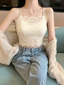 Women's Lace Camisole Tank Top, Solid Color, Summer Casual - Light Apricot - View 3