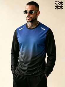 mulinsen Men's Gradient Crew Neck Long Sleeve Top, Contrast Color Shoulder Print, Casual Sports Quick Dry Base Layer - Blue - View 1