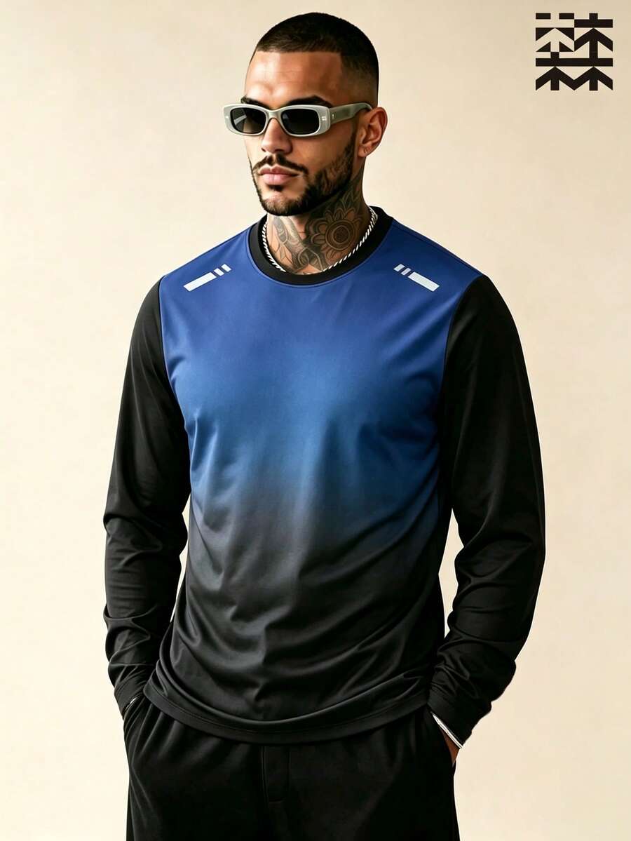 mulinsen Men's Gradient Crew Neck Long Sleeve Top, Contrast Color Shoulder Print, Casual Sports Quick Dry Base Layer - Blue - View 1