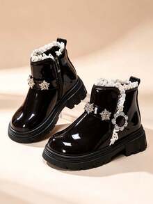 1 Pair Autumn/Winter Kids Thermal Lined Lace Trim Rhinestone Flower Buckle Decor Side Zipper Durable Thick Sole Girls Fashion Princess Boots - Coffee Brown - View 6