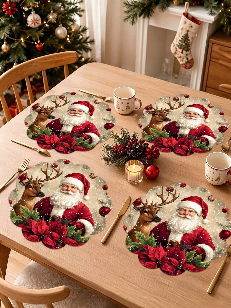 2/4/600pcs Christmas Party Flower-Shaped Placemats - Santa Claus, Reindeer, Poinsettia, Christmas Ball, Berry; 13.78 Inch Linen Material; Tabletop Decoration Non-Slip, Heat-Resistant And Machine Washable - Multicolor - View 1
