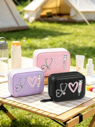 Nurse Themed Portable Pill Storage Box Set, Printed Stethoscope, Heart, Syringe, Thermometer Graphics, "She's Willing To Work With Her Hands", Daily Twice 7-Day Large Capacity Pill Organizer, 14 Colorful Compartments, Reusable Travel Storage Bag, Suitable For Small Daily Items, Ideal For Health-Conscious And On-The-Go Users, Essential Medical Accessory, Christmas, Halloween, Nurses Day