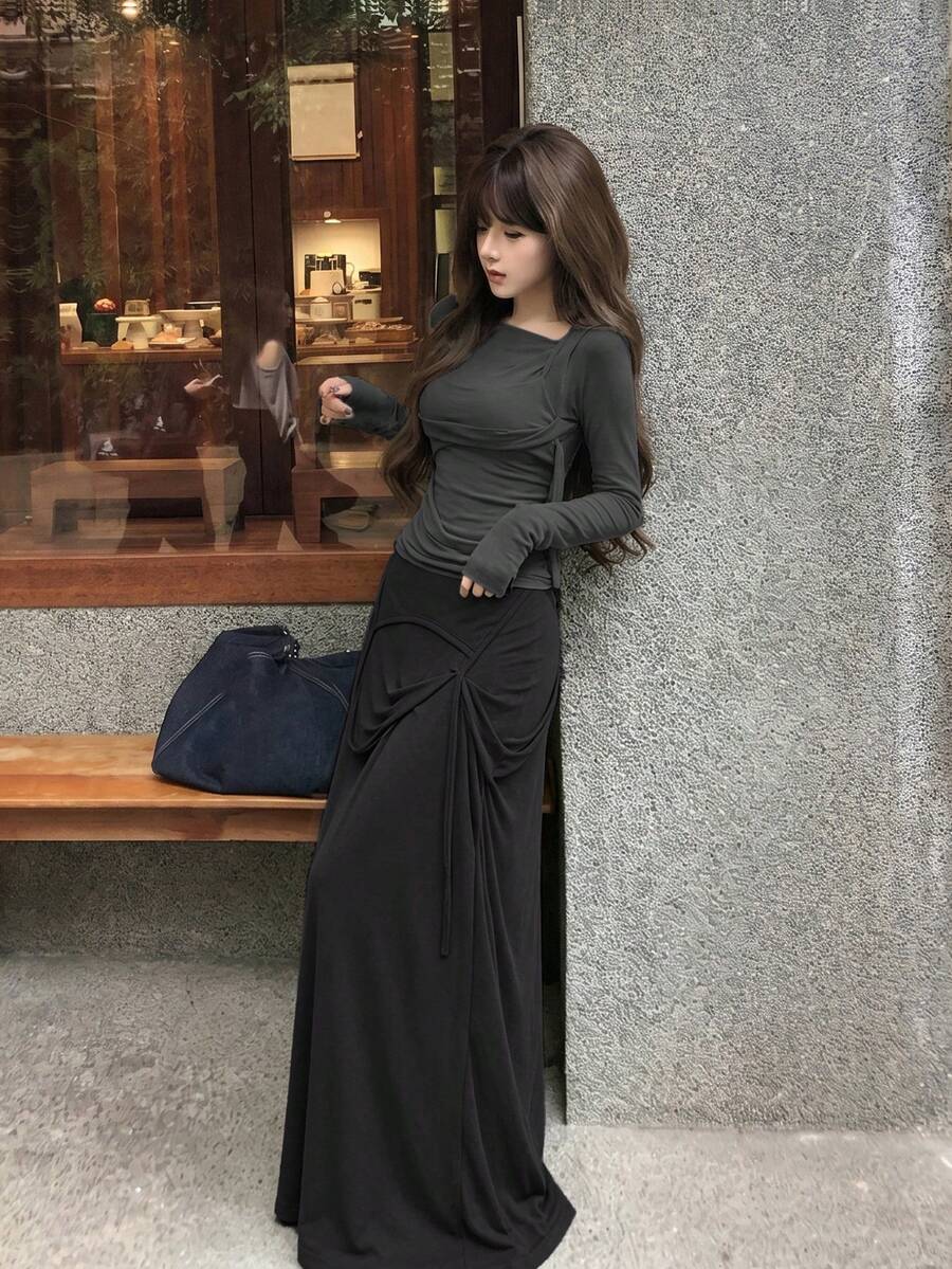 女款素色休閒百搭日常裙 - 黑色 - 查看 1