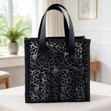 Tas Tangan Jala Hitam Motif Leopard - Tas Tangan Ultra Ringan dan Bernapas dengan Dua Pegangan, Tas Penyimpanan Kosmetik - Sempurna untuk Perjalanan, Pantai, dan Acara Santai, Tas Kosmetik Desain Terbuka di Bagian Atas - Hitam - View 4