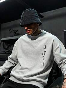 DOPE | Men's Light Gray Crew Neck Sweatshirt, Side Handwritten English Print, Daily Versatile Street Casual Pullover - Light Grey - View 1
