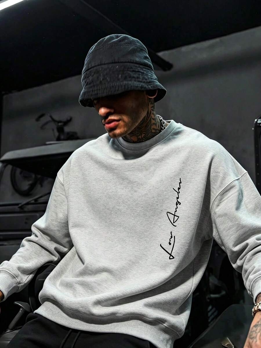 DOPE | Men's Light Gray Crew Neck Sweatshirt, Side Handwritten English Print, Daily Versatile Street Casual Pullover - Light Grey - View 1