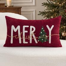 1pc Christmas Red MERRY Embroidered Pillowcase, Christmas Tree Pillowcase, Suitable For Indoor Decoration, Christmas Decoration, All Season Pillowcase, Without Insert - Red - View 11