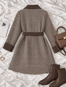 Tween Girls' Vintage Houndstooth Single-Breasted Mid-Length Coat With Belt And Contrast Collar, Elegant Casual British Style - Coffee Brown - View 2