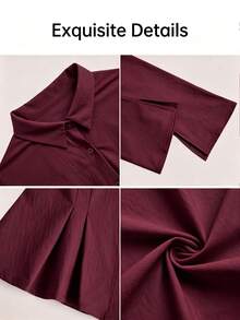 Women's Elegant Burgundy Peplum Blouse, Button Front Collared Long Sleeve Top, Cinched Waist Flared Cuff Shirt For Fall Work And Date Night. - Burgundy - View 5