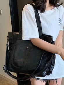 黑色PU皮革柔軟鱷魚紋大容量托特包，多口袋設計，附肩背與斜背帶，可容納16吋筆電與文件夾，適合上班、購物、旅行、度假，百搭休閒風格，適合喜歡大包的顧客 - 黑色 - 查看 11