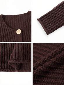 Vellofy Women's Autumn/Winter Chocolate Brown Chunky Knit Cardigan, Round Neck Large Decorative Buttons Long Sleeve Short Length Sweater Jacket With Pockets, Loose Fit Suitable For Daily Commute And Party - Brown - View 11