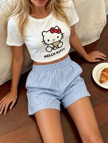 SANRIO 2pcs Women's Stitch Print Round Neck Short Sleeve Top + Straight Leg Elastic Waist Shorts Loungewear Set - Blue - View 3