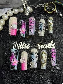 10pcs Handmade Fully Covered Square Nails Press On Nails, Apricot Color, 3 D Rose Plumeria Butterfly Lace Tiger‑Print Abalone Shell Fall&Winter Fake Nails, Removable,Suitable For Party,Dance,Daily Wear,With Jelly Glue And Nail File,Girly Y2K Manicure - Apricot - View 4