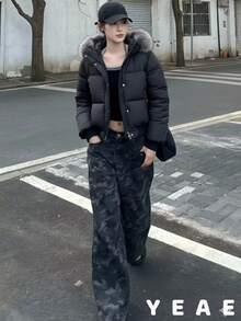YEAE 女款口袋鈕扣迷彩休閒百搭牛仔褲 - 綠色迷彩 - 查看 6