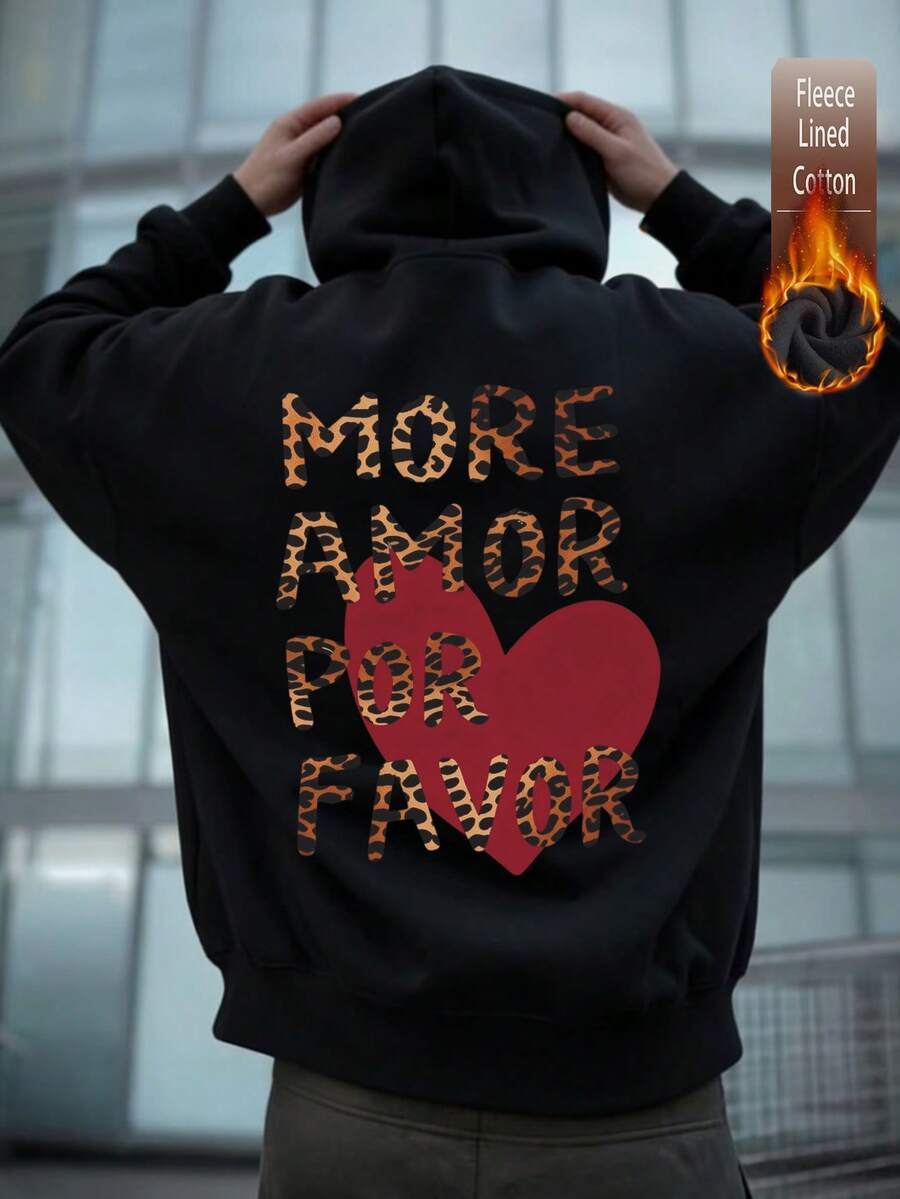 Men's Fleece Sweatshirt, Leopard Print "MORE AMOR POR FAVOR" And Red Heart Graphic On Back, Black Ribbed Cuffs, Y2K Style, Autumn/Winter - Black - View 1