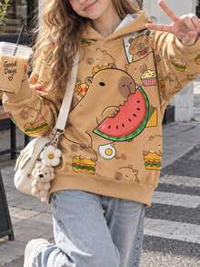 1pc Capybara Print Sweatshirt, Thermal Lined Thickened Sweatshirt, Young Student Children's Clothing, Suitable For Girls' Autumn/Winter Warm Comfortable Thermal Top - White - View 6