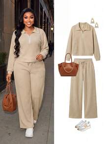 Plus Size Women's Waffle Knit 2 Pieces Set, Apricot Half-Zip Collared Long Sleeve Top + Drawstring Wide Leg Pants, Autumn Casual Street Style Outfit - Apricot - View 5