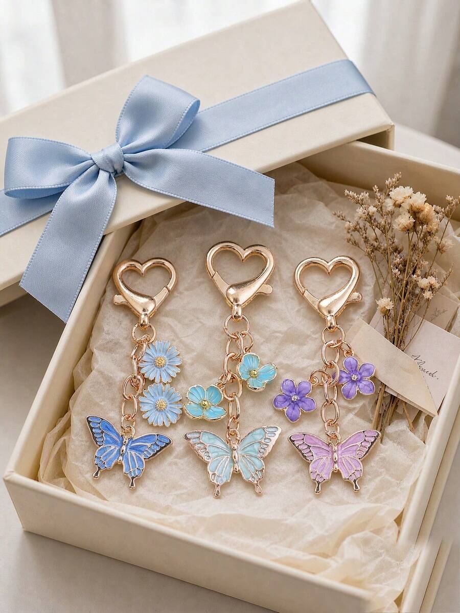Cross-Border Cute Colorful Enamel Butterfly Daisy Keychain, Heart-Shaped Lobster Clasp Bag Charm, Alloy Pendant Key Ring, Suitable For Backpack Decoration Gift - Multicolor - View 1
