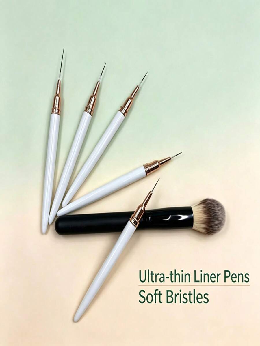 All‑In‑One Makeup & Nail Art Set, Soft Fluff Face Brush & 5Pcs White Handle Nail Sketch Pens For Striped Manicure Crafting