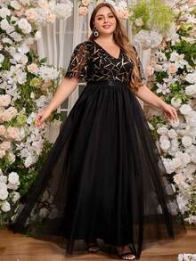 Women Plus Size V-Neck Sequins Evening Party Dress For Wedding Guest Mother Of Bridal Prom Gowns Shinning Ruffle Sleeve Formal Occassion - Black - View 3